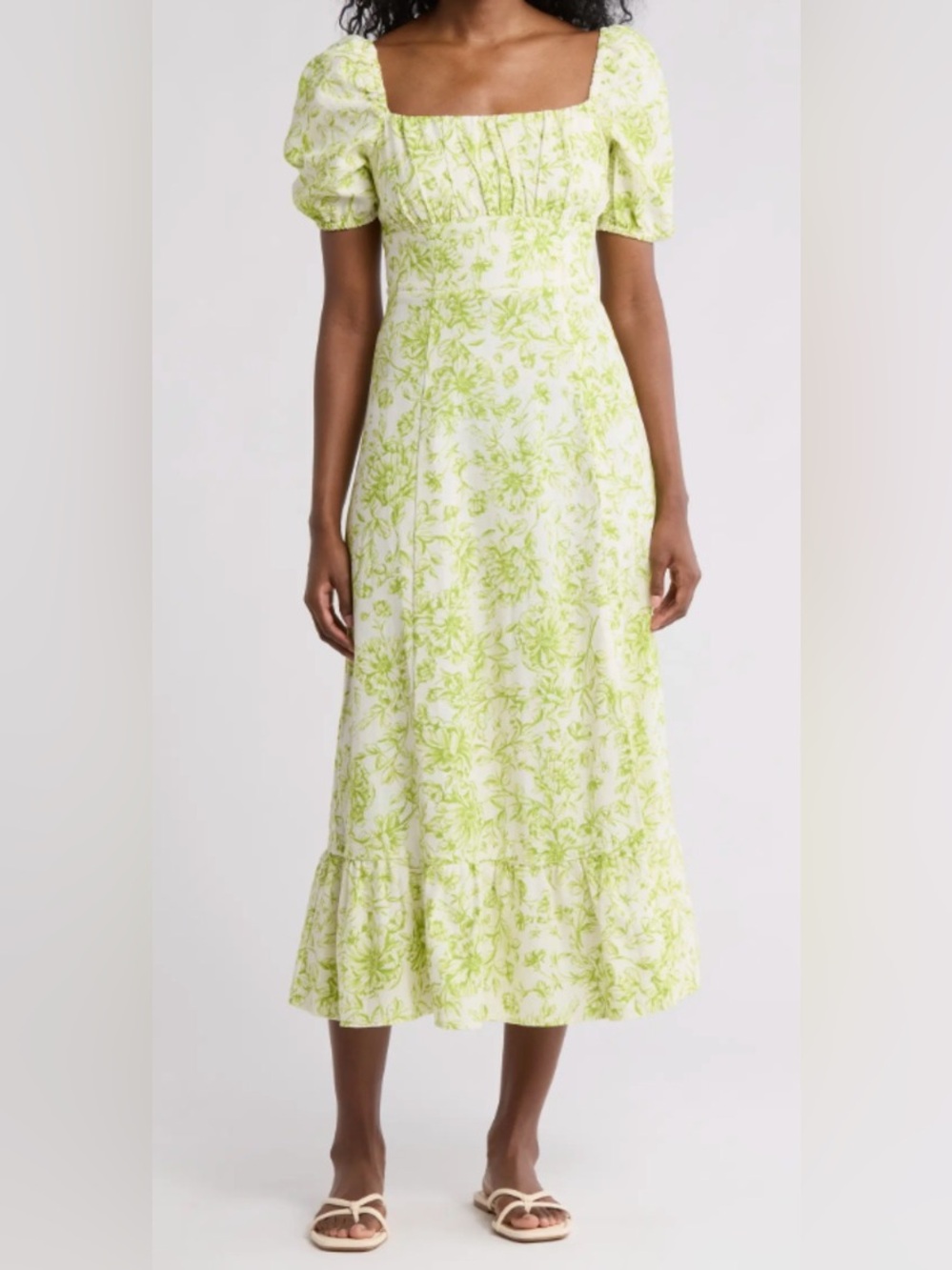 LONDON TIMES Women's Lime Green Floral Dress Puff Sleeve Ruched Smocked 10 NWT